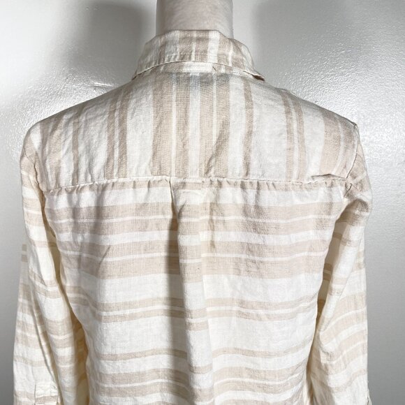 Ellen Tracy Popover Shirt Women's Small White Tan Striped 100% Linen Long Sleeve - Picture 10 of 16